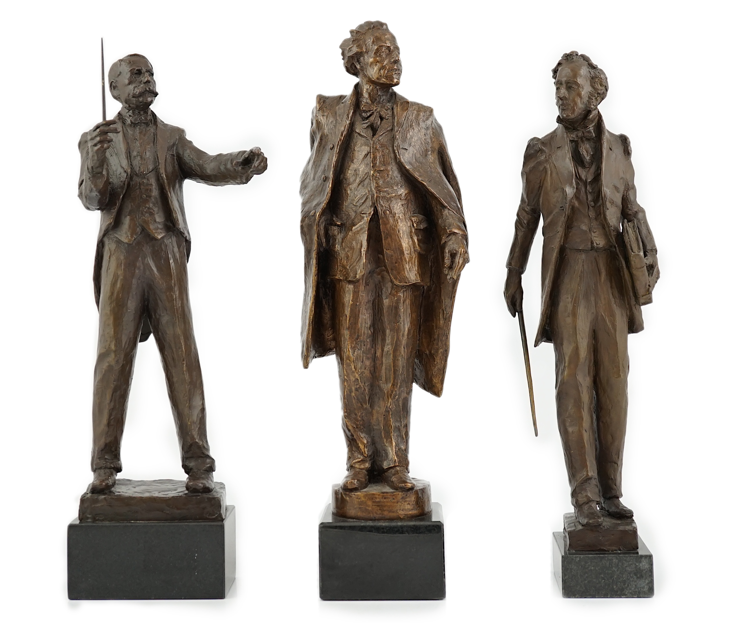 Anthony Hawken FRSS (British, b.1948), three bronze figures of composers, Gustav Mahler, Sir Edward Elgar and Mendelssohn, one standing holding a baton aloft, one standing carrying a baton and volume, the third with coat